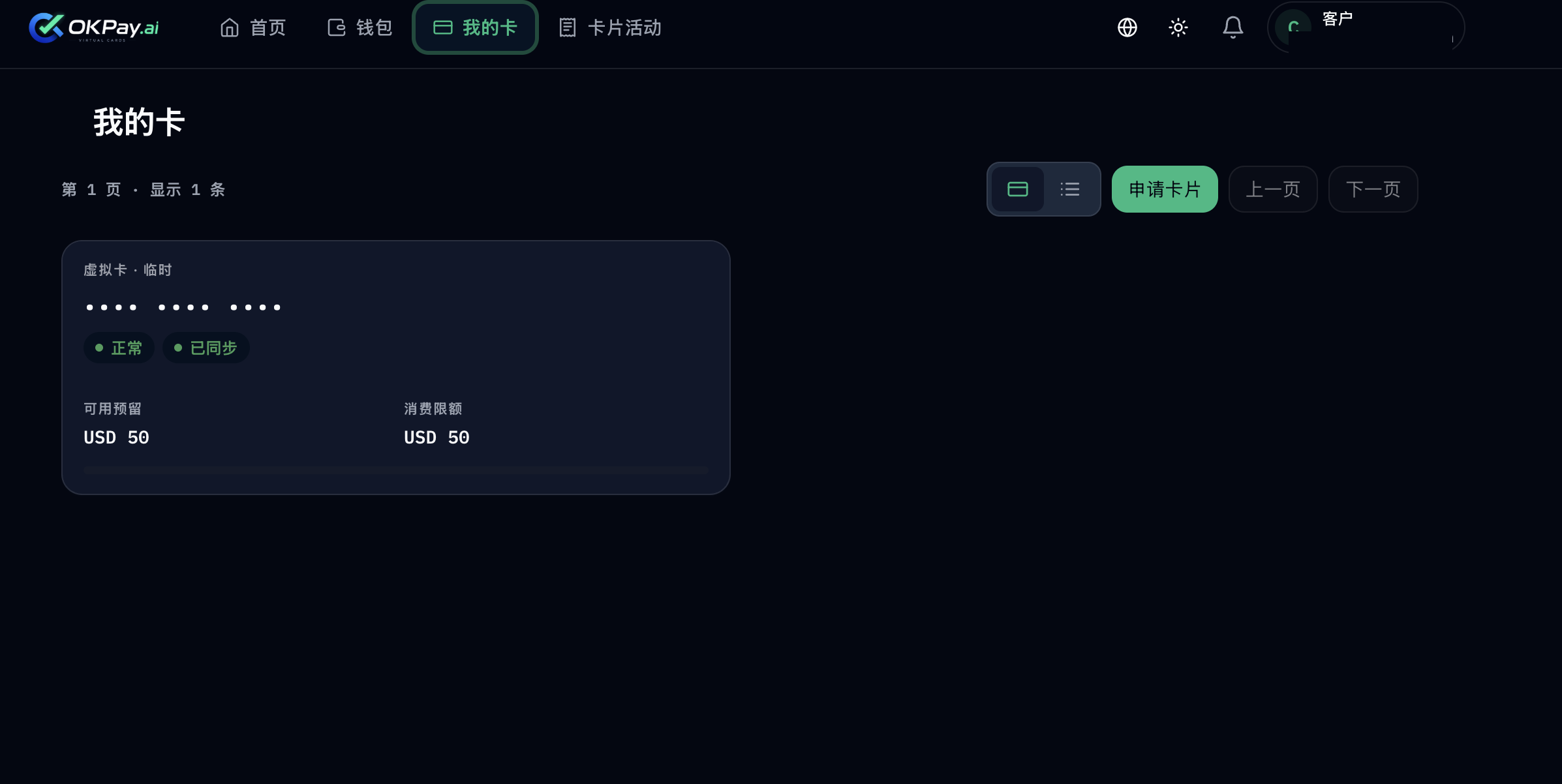 OKPay.ai 我的卡页面